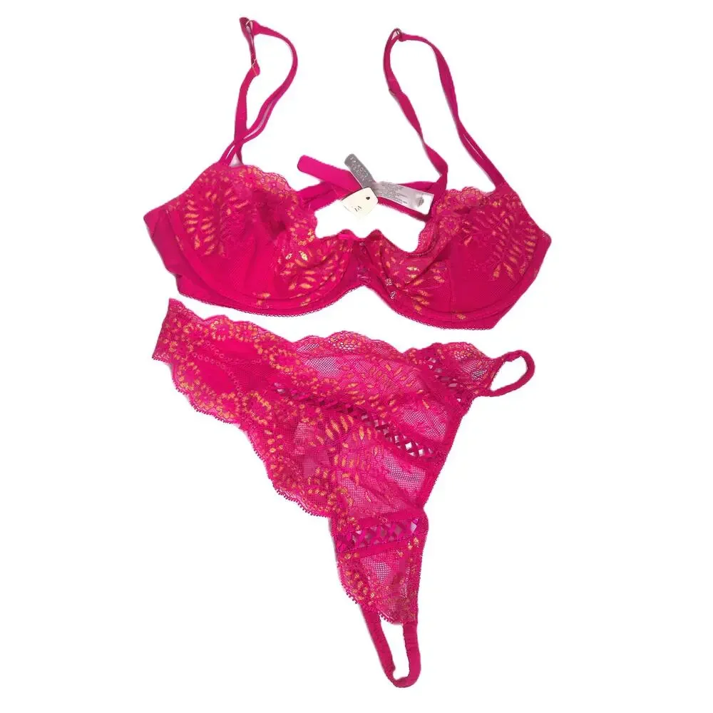 Victoria's Secret Y2K Coquette Pink Gold Crystal Lace Bra Set 36B Thong Large